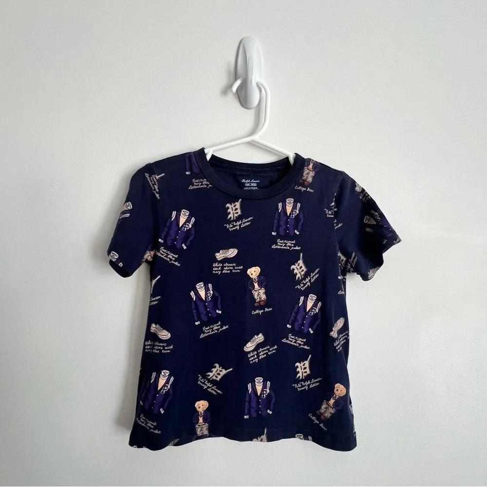 Ralph Lauren Teddy Bear Print T-Shirt Toddler Boys Navy Tee Short Sleeved 24M